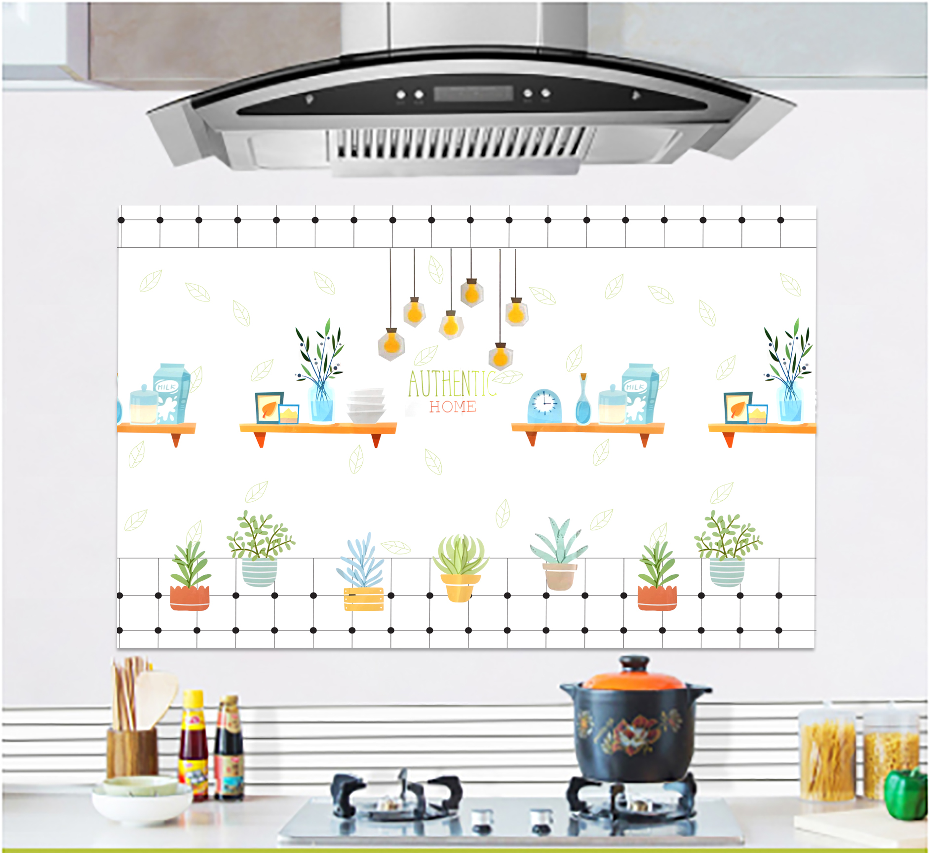 สติกเกอร์ กันนำ้มัน ห้องครัว ลายกระถางในบ้าน 90 X 60 CM