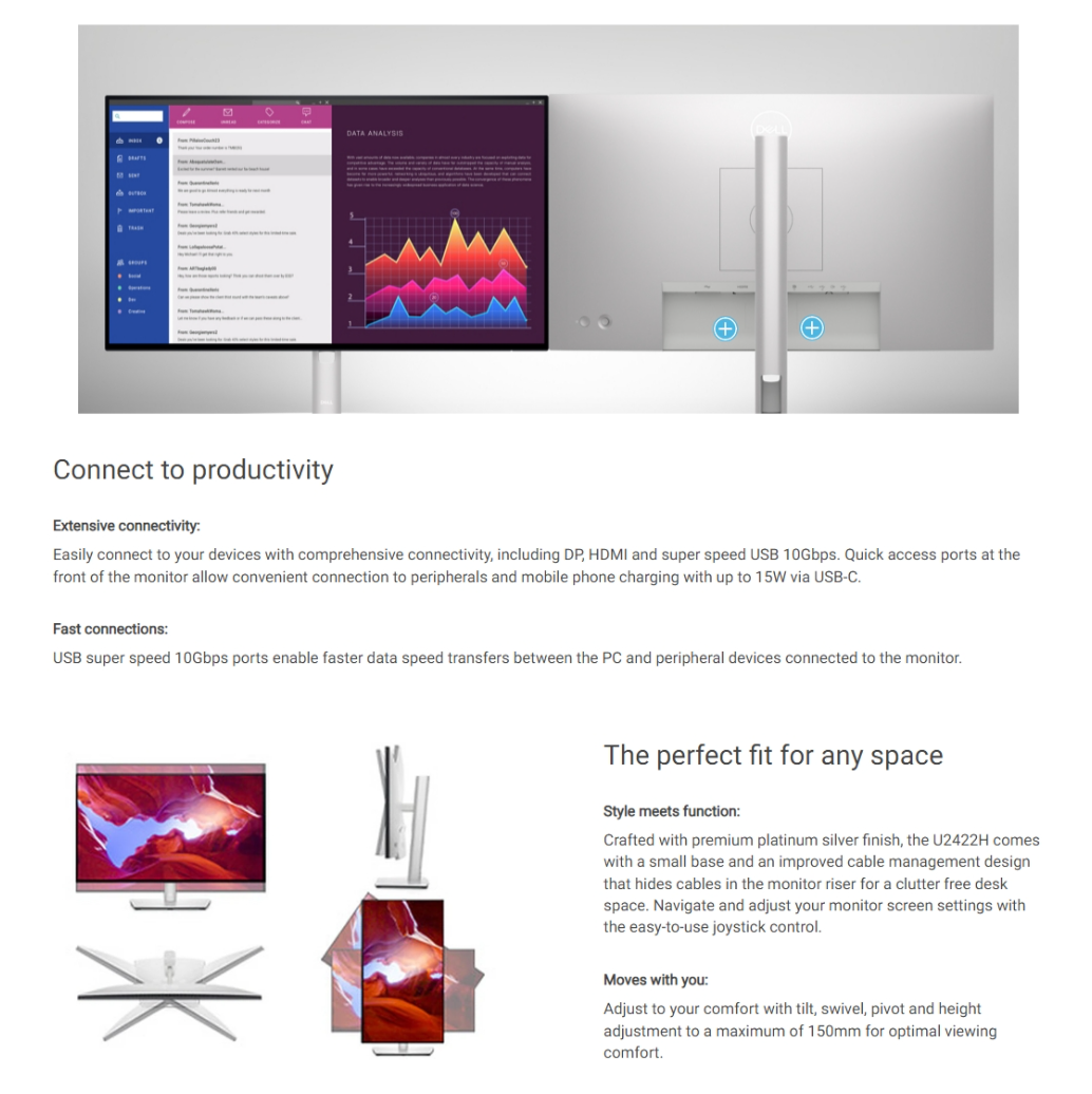 Dell Ultrasharp Monitor U2422H, 23.8” FHD 1920×1080 จอคอมพิวเตอร์ ของ