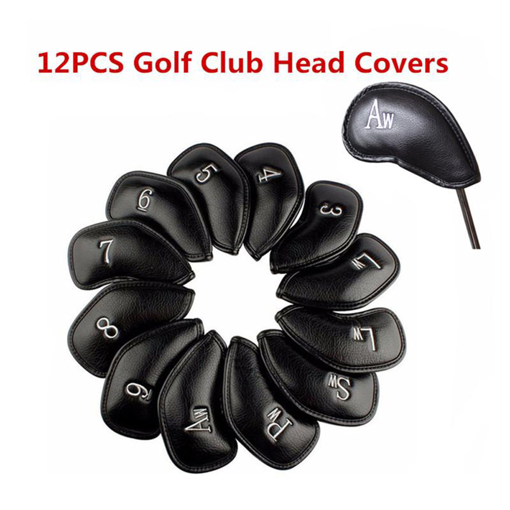 12ชิ้น/เซ็ตเหล็กอุปกรณ์กอล์ฟสีดำProtector Golf Clubปลอกหุ้มหัวไม้กอล์ฟLitchiหนังGrain PU
