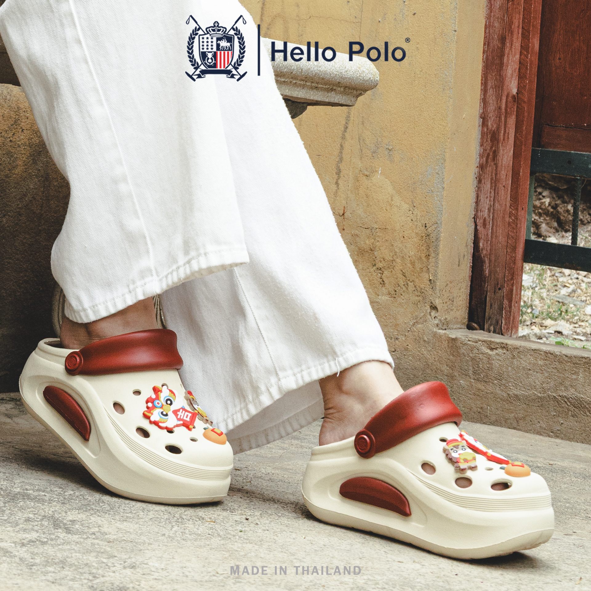 Hello Polo Model Hp8059Cny Chinese New Year, Unisex Casual Sandals, Limited Edition, Auspicious Pattern, Cream-Red Color, Looks Good When Worn, Enhances Your Bright Look for Chinese New Year. ราคา 179 บาท*ส่งฟรี
