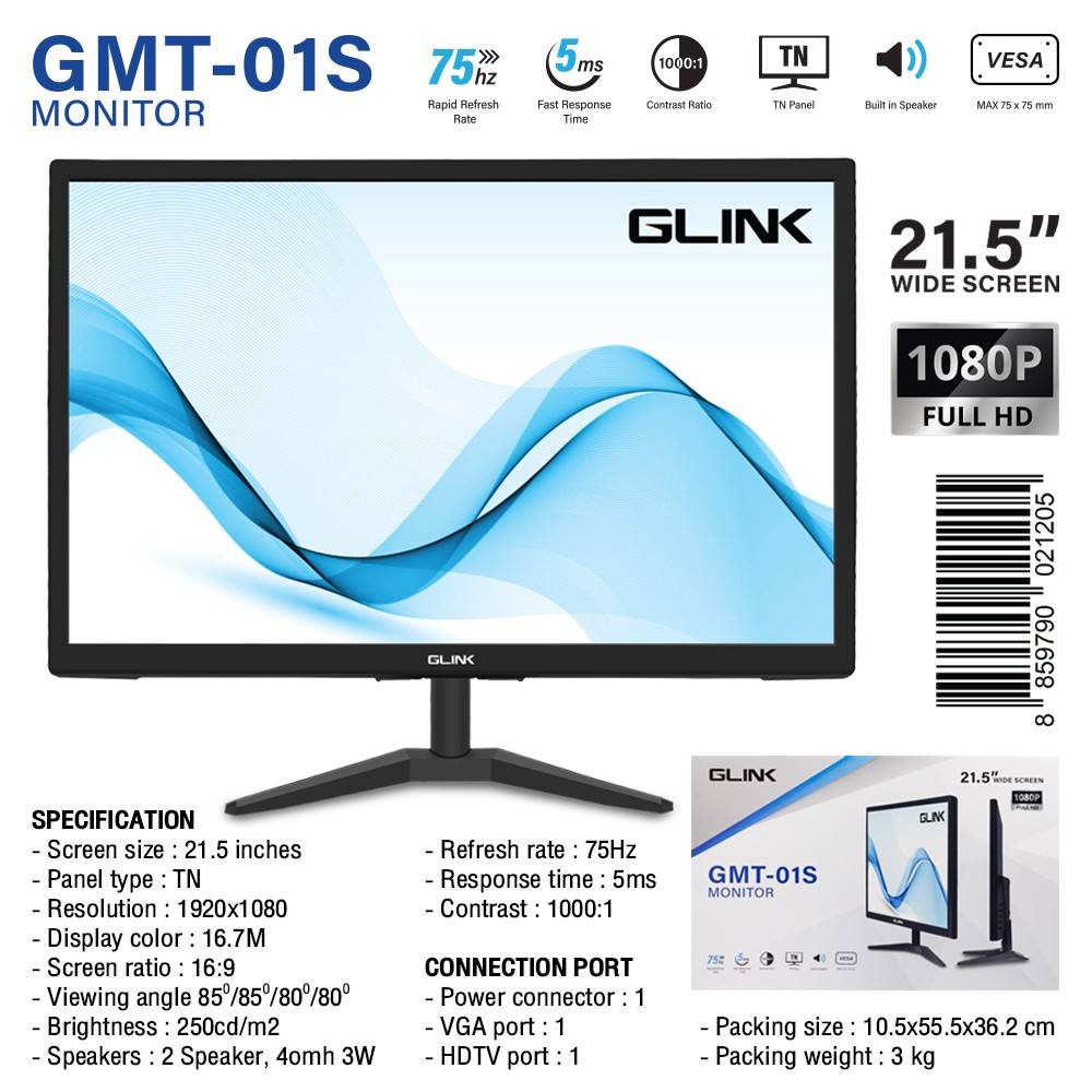 จอมอนิเตอร์ FHD 21.5 นิ้ว 75Hz GLINK รุ่น GMT-01s ราคา 1,950 บาท*ส่งฟรี