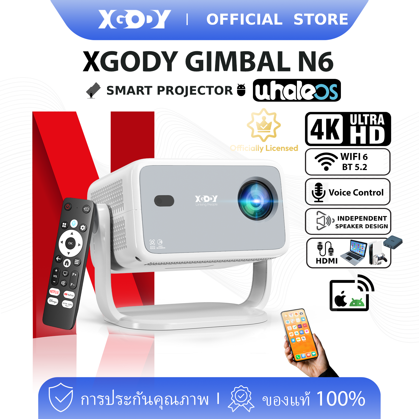 XGODY Gimbal N6 180° Rotation Android TV Voice Control Smart Projector Native 1080P 4K Decoding 500 ANSI Automatic Keystone Correction Home Theater ราคา 3,299 บาท*ส่งฟรี