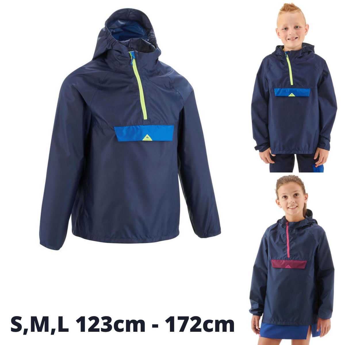 เสื้อแจ็คเก็ตเด็กมีคุณสมบัติกันฝนสำหรับใส่เดินป่ารุ่น MH100 (สีกรมท่า/ชมพู) Children