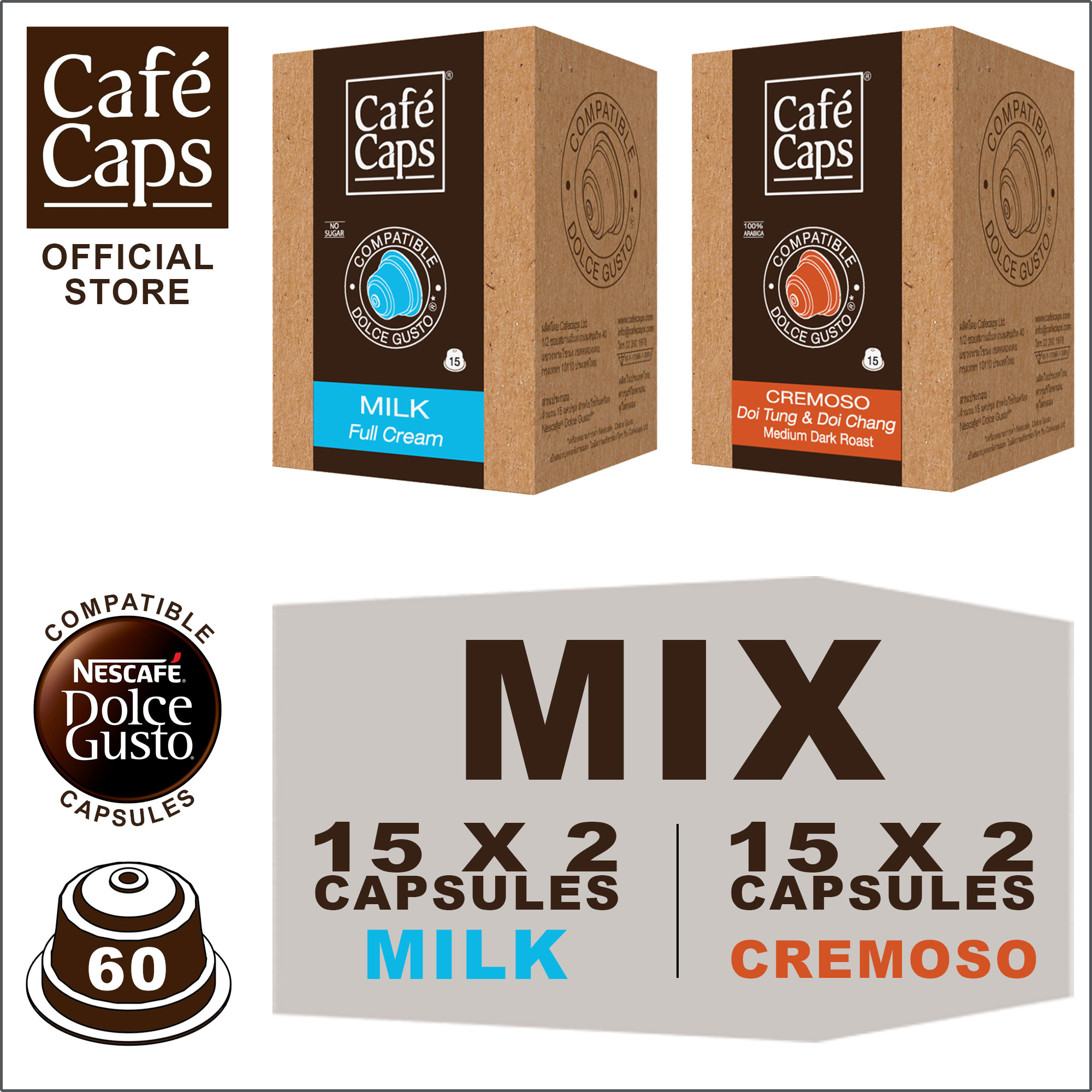 ภาพอธิบายเพิ่มเติมของ Cafecaps - Coffee Dolce Gusto MIX Compatible capsules of Milk (2 Box X15 แคปซูล) & Cremoso (2 กล่อง X15 แคปซูล) รวม 60 แคปซูล - Dolce Gusto Coffee capsule compatible แคปซูลกาแฟที่ กาแฟสไตล์อิตาเลียนทั่วไป ส่วนผสมของโรบัสต้าและอาราบิก้า
