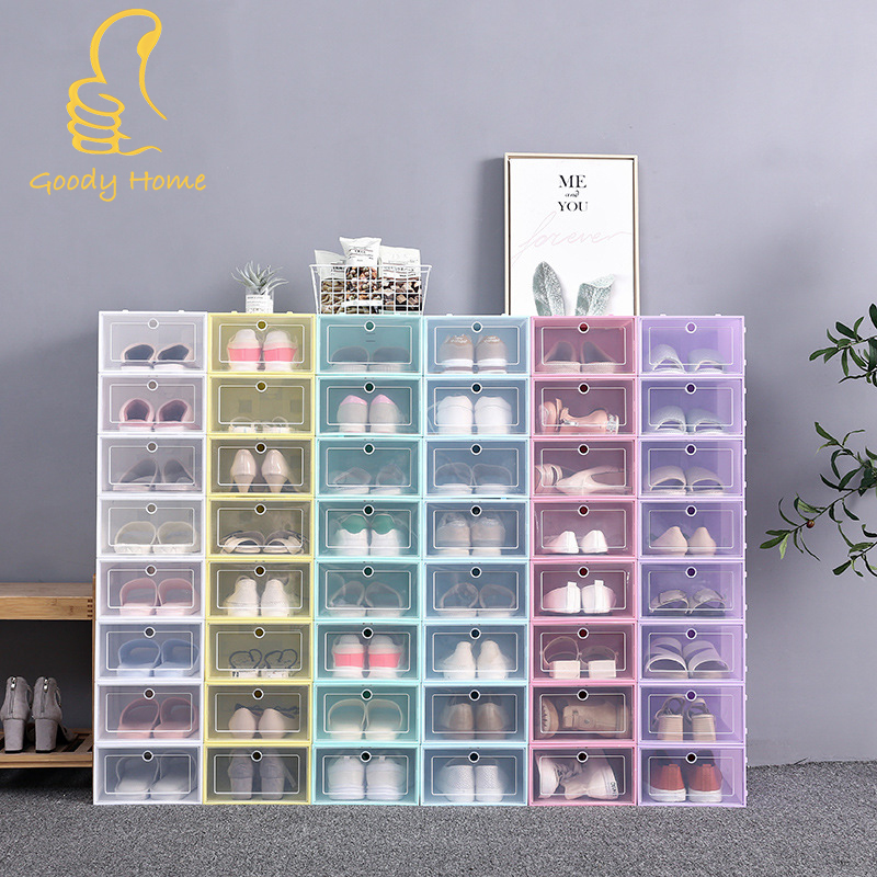 Goody Home กล่องพลาสติกใส่รองเท้า ฝาหน้าเปิดปิดได้ พับเก็บได้และต่อได้หลายชั้น สีพาสเทล ราคาต่อกล่องและประกอบเอง