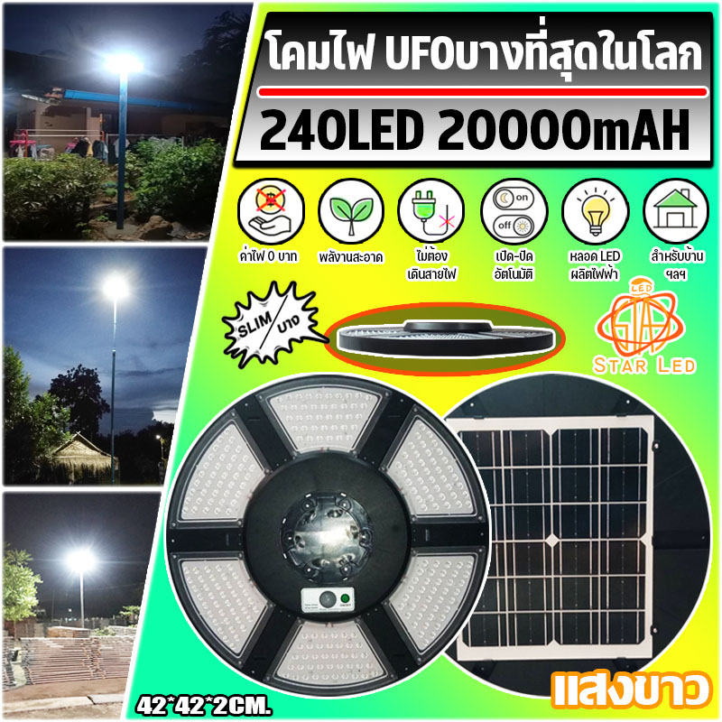 Solar cell lights, electricity cost 0 baht, UFO SLIM 240LED solar spotlight, new model solar cell led light, solar cell light, spotlight, solar cell light in front of the house, outdoor lighting, 100% genuine ราคา 1,540 บาท*ส่งฟรี