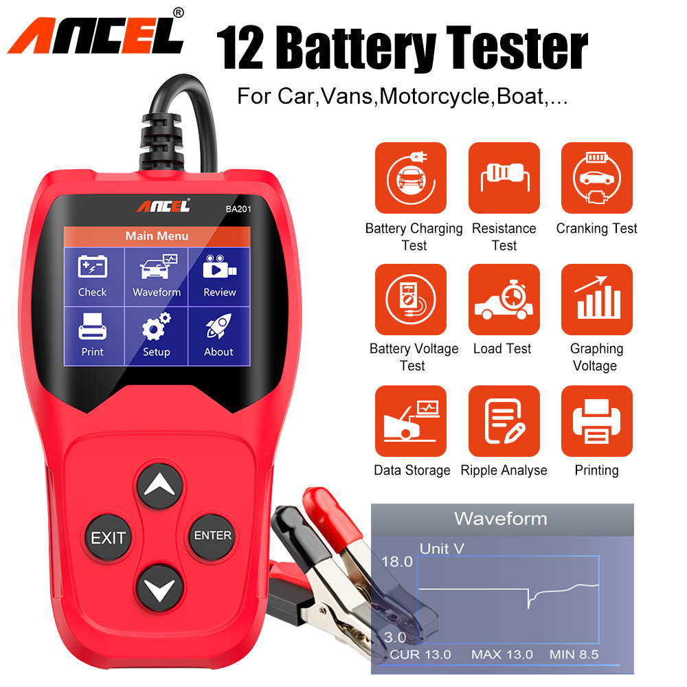 ANCEL BA201 12V Car Battery Tester Analyzer 100-2000CCA Auto Battery Cranking Charging Test Tool Battery Voltage Load Health Display PK KW600 ราคา 1,950 บาท*ส่งฟรี