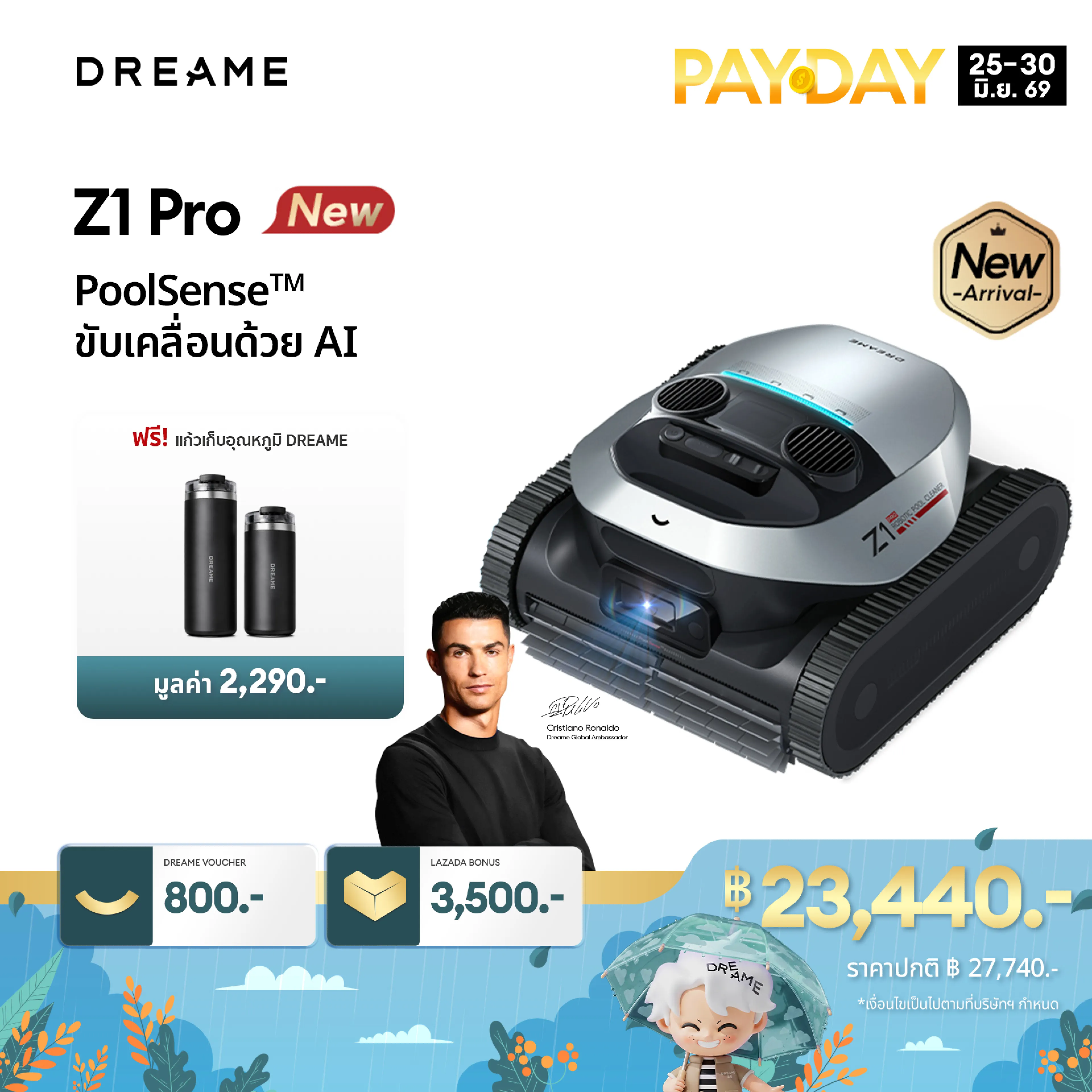 【New 2026】Dreame Robotic Pool Cleaner Z1 Pro, Wireless Swimming Pool Cleaning Robot, Dual Brushes to Remove Stains, Battery Lasts 4 Hours. Smart Scanning