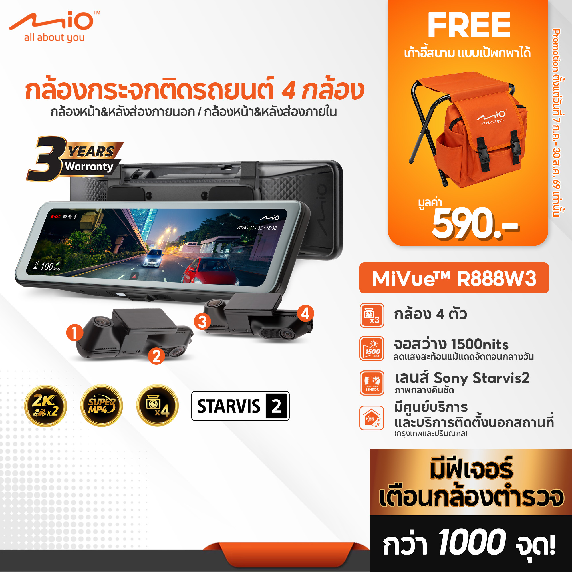 [New] Mio Mivue ™ R888W4 E-Mirror Car Camera with 4 Cameras Front & Rear Exterior View/Front & Rear Interior View + Police Camera Warning, 3-Year Warranty ราคา 18,900 บาท*ส่งฟรี