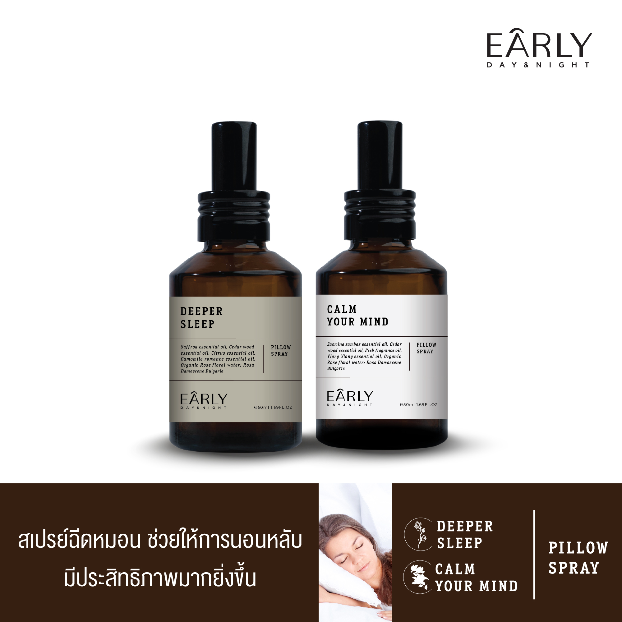 [รวมสูตร] Early Day&Night Pillow Spray 50 ml. สเปรย์ฉีดหมอน ช่วยให้หลับลึก เข้าถึงการนอนหลับได้เร็วขึ้น ลดความตึงเครียด ราคา 690 บาท*ส่งฟรี