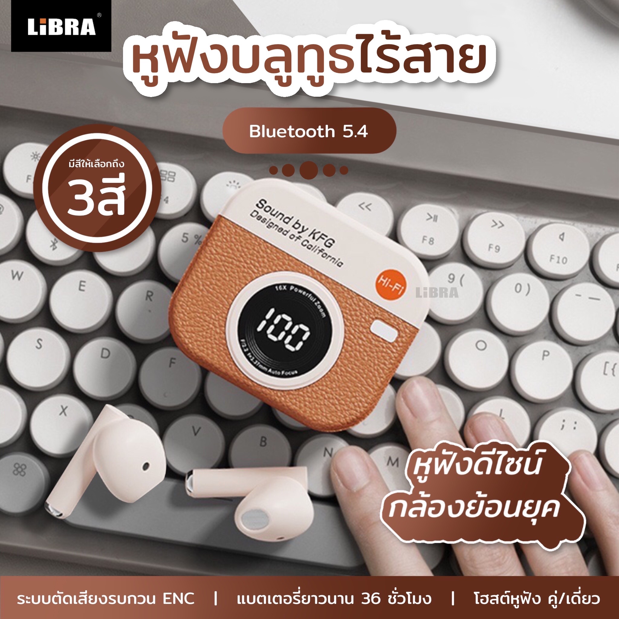LiBRA M15 หูฟังบลูทูธ TWS v5.4 HIFI ลดเสียงรบกวน ดีไซน์กล้องน่ารัก รองรับทั้งIOS และ ANDROID [รับประกัน 1 ปี] ราคา 139 บาท*ส่งฟรี