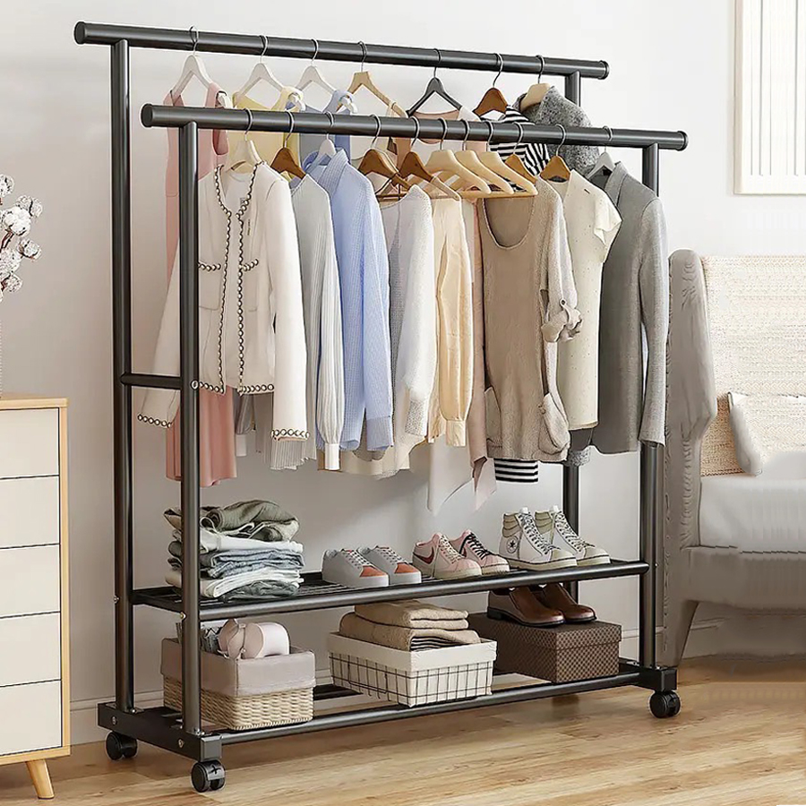 ราวแขวนเสื้อผ้า ราวตากผ้า Clothes rack ราวเหล็กมีล้อ บาร์คู่ ชั้นวาง 2 ชั้น ชั้นวางเสริมด้านข้าง โครงเหล็ก รับน้ำหนักได้ 30 kg พร้อมส่ง Thejoyful ราคา 259 บาท*ส่งฟรี