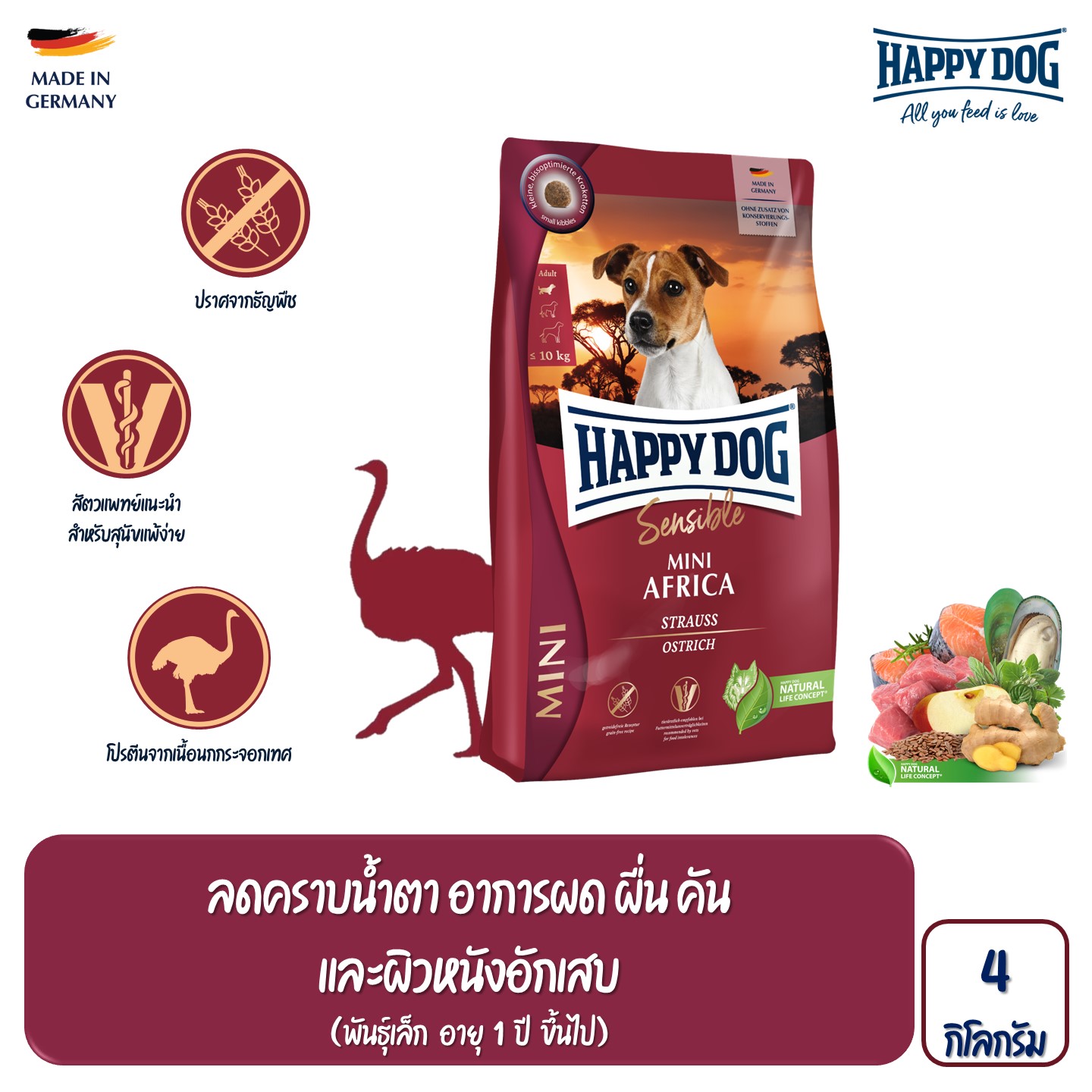 Happy Dog Mini Africa (Grainfree) สุนัขโตพันธุ์เล็ก-กลาง สูตรเนื้อนกกระจอกเทศ ปราศจากธัญพืช 4 Kg ราคา 1,490 บาท*ส่งฟรี