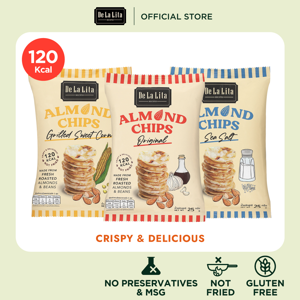 ขนมอบกรอบ อัลมอนด์ชิปส์ ขนมคลีน แคลต่ำ ไม่ทอด De La Lita Almond Chips ราคา 30 บาท*ส่งฟรี