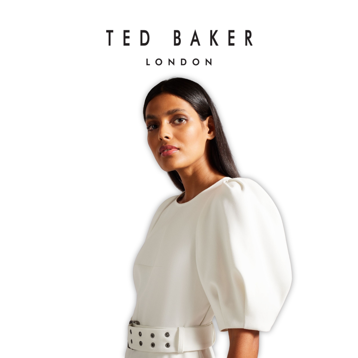 [Speical voucher 15%] Ted Baker Women's Gabyela Puff Sleeve Midi Dress With Belt White ราคา 11,890 บาท*ส่งฟรี