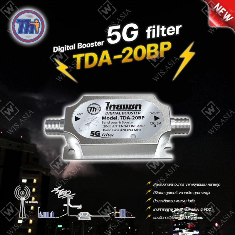 ราคาและรีวิวThaisat Digital Booster รุ่น TDA-20BP 5G Filter อุปกรณ์ขยายสัญญาณทีวีดิจิตอล