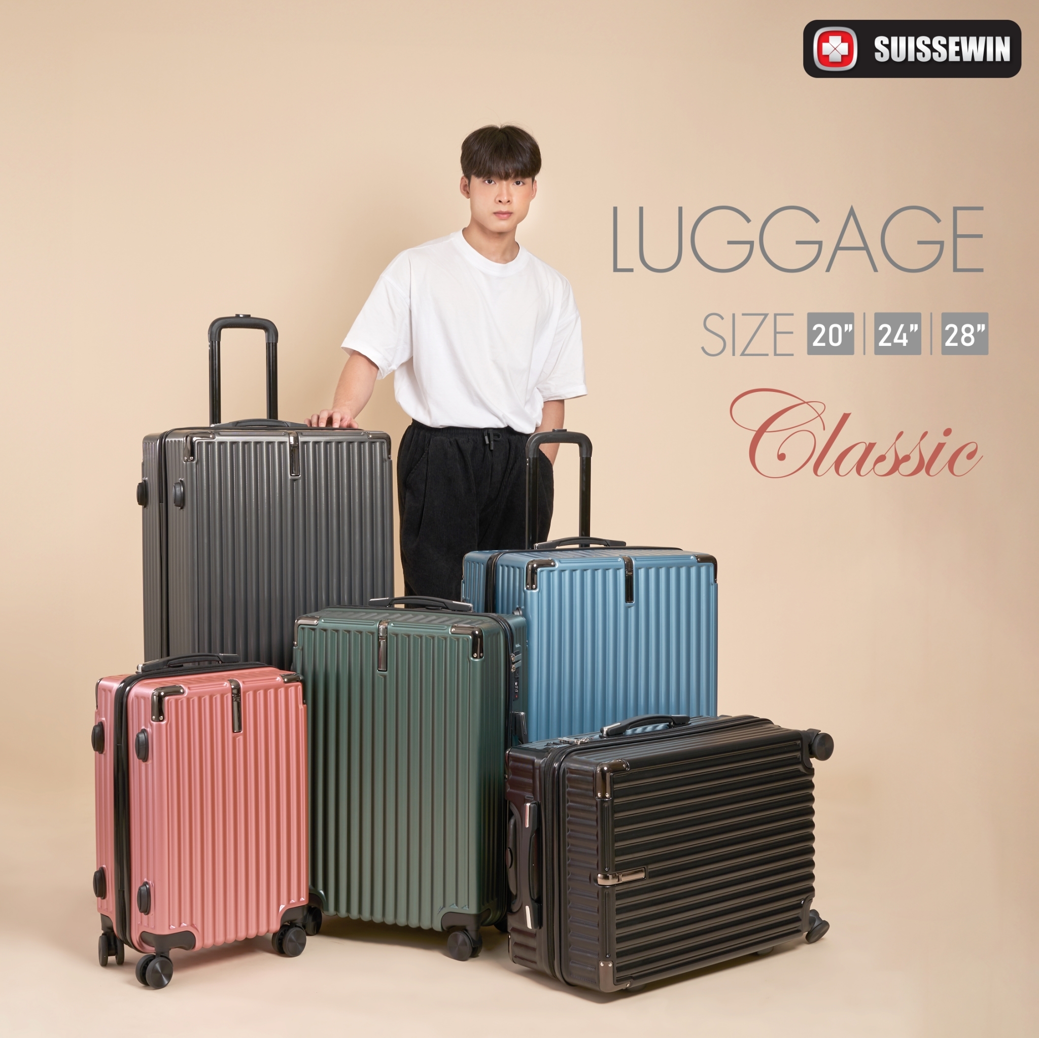 กระเป๋าเดินทางล้อลาก ตะขอหน้า เข้ามุมกันกระแทก วัสดุABS+PC แข็งแรง ขนาด 20" 24" และ 28 นิ้ว รุ่น T050 ราคา 814 บาท*ส่งฟรี