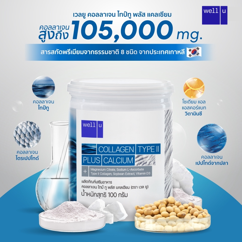 ของแท้ 💯 well u Collagen Type ll Plus Calcium (คอลลาเจน ไทป์ทู พลัส แคลเซียม ผิวและข้อเข่าดี บำรุงกระดูก) ราคา 990 บาท*ส่งฟรี