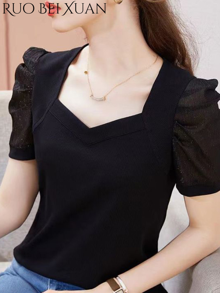 Ruo Bei Xuan T-shirt for women，Ice silk t-shirt women's new summer short sleeve puff sleeve top ราคา 44 บาท*ส่งฟรี
