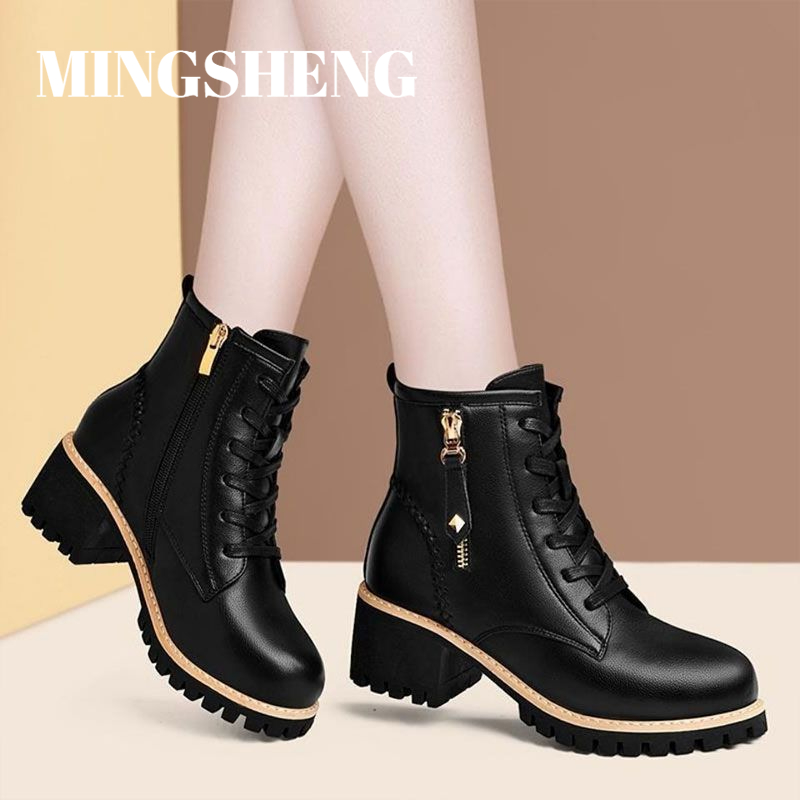 mingsheng Martin boots women's new versatile single boots platform sole and fleece warm motorcycle booties women's boots ราคา 435 บาท*ส่งฟรี