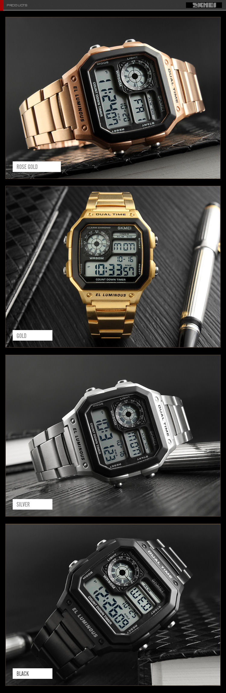 รูปภาพเพิ่มเติมของ นาฬิกาข้อมือผู้ชาย นาฬิกาสองระบบ ระบบดิจิตอล นาฬิกาข้อมือผู้ชายดิจิตอล กันน้ำ (ของแท้ 100% ) รุ่น skmei 1335