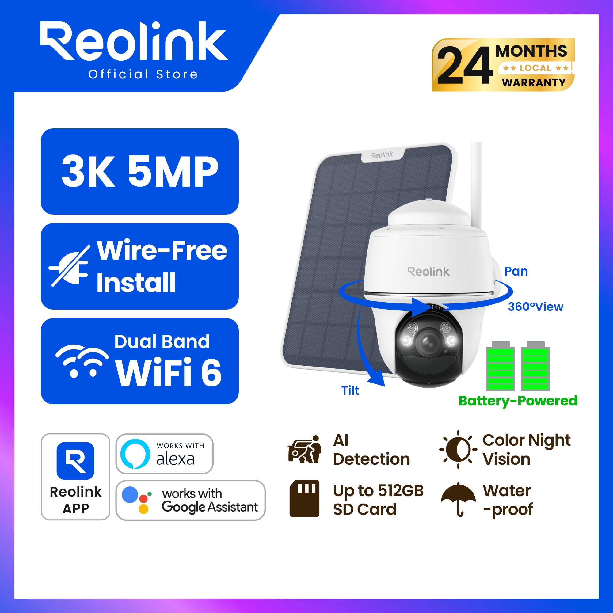 Reolink Outdoor Wireless Security Camera, Solar Powered Pan Tilt, 5Mp 2K+ Color Night Vision, 2.4/5Ghz Wifi, Smart Camera for Home Security, Works with Home Hub, Argus Pt + Solar Powered. ราคา 3,017 บาท*ส่งฟรี
