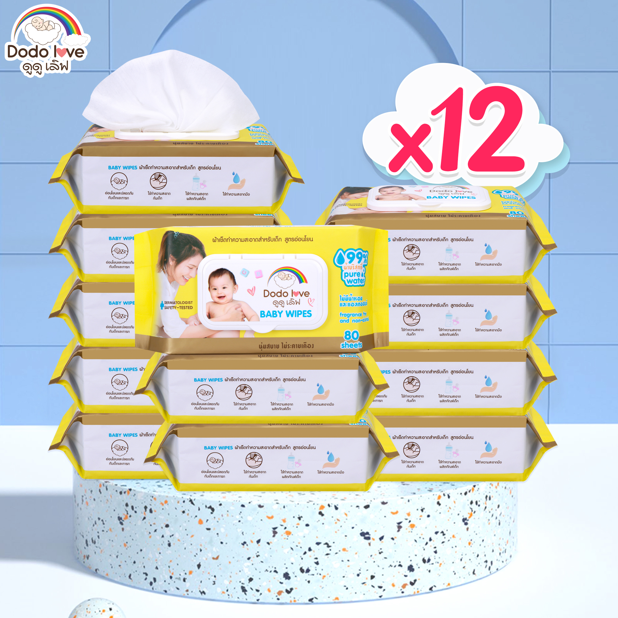 ยกลัง12 ห่อ DODOLOVE Baby Wipes ผ้าเช็ดทำความสะอาดสำหรับเด็ก ห่อใหญ่ 80 แผ่น สูตรอ่อนโยน นุ่มสบาย ไม่ระคายเคือง
