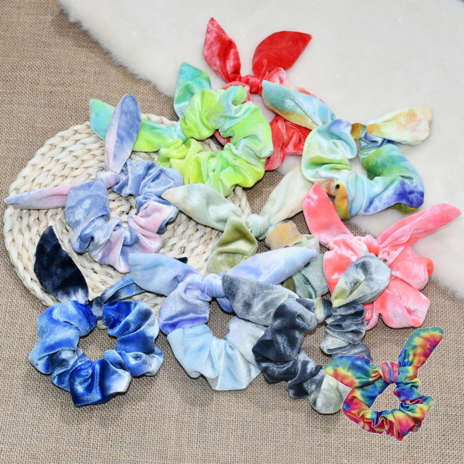 ZHUGE หญิงยางรัดผมแหวนโบว์ผูกผมหางม้ากระต่าย Hairband สีลูกอมกระต่ายหูผม Scrunchie