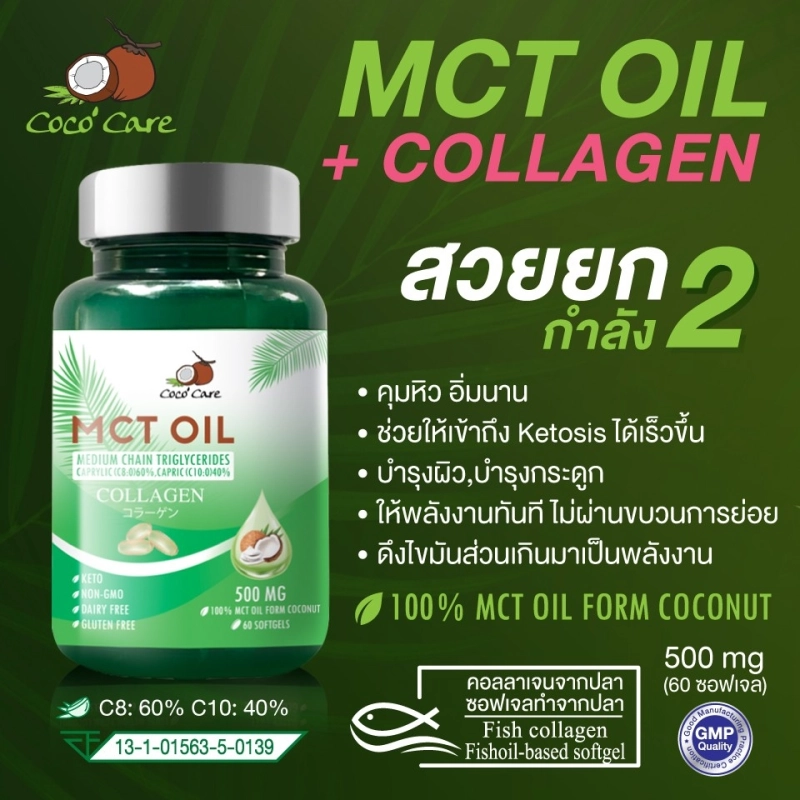 ภาพหน้าปกสินค้าCoco'Care MCT Oil+คอลลาเจน (Medium Chain Triglyceride+COLLAGEN) KETO(คีโต คุมน้ำหนัก เผาผลาญไขมัน บำรุงผิว บำรุงกระดูก)บรรจุ60 แคปซูล