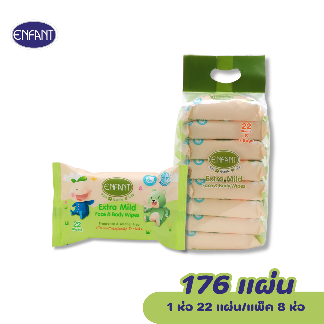ENFANT (อองฟองต์) Extra Mild Face & Body Wipes ผ้าเช็ดทำความสะอาดแบบเปียก สูตรน้ำแร่บริสุทธิ์ 1แพ็ค/8ห่อ 22แผ่น/ห่อ