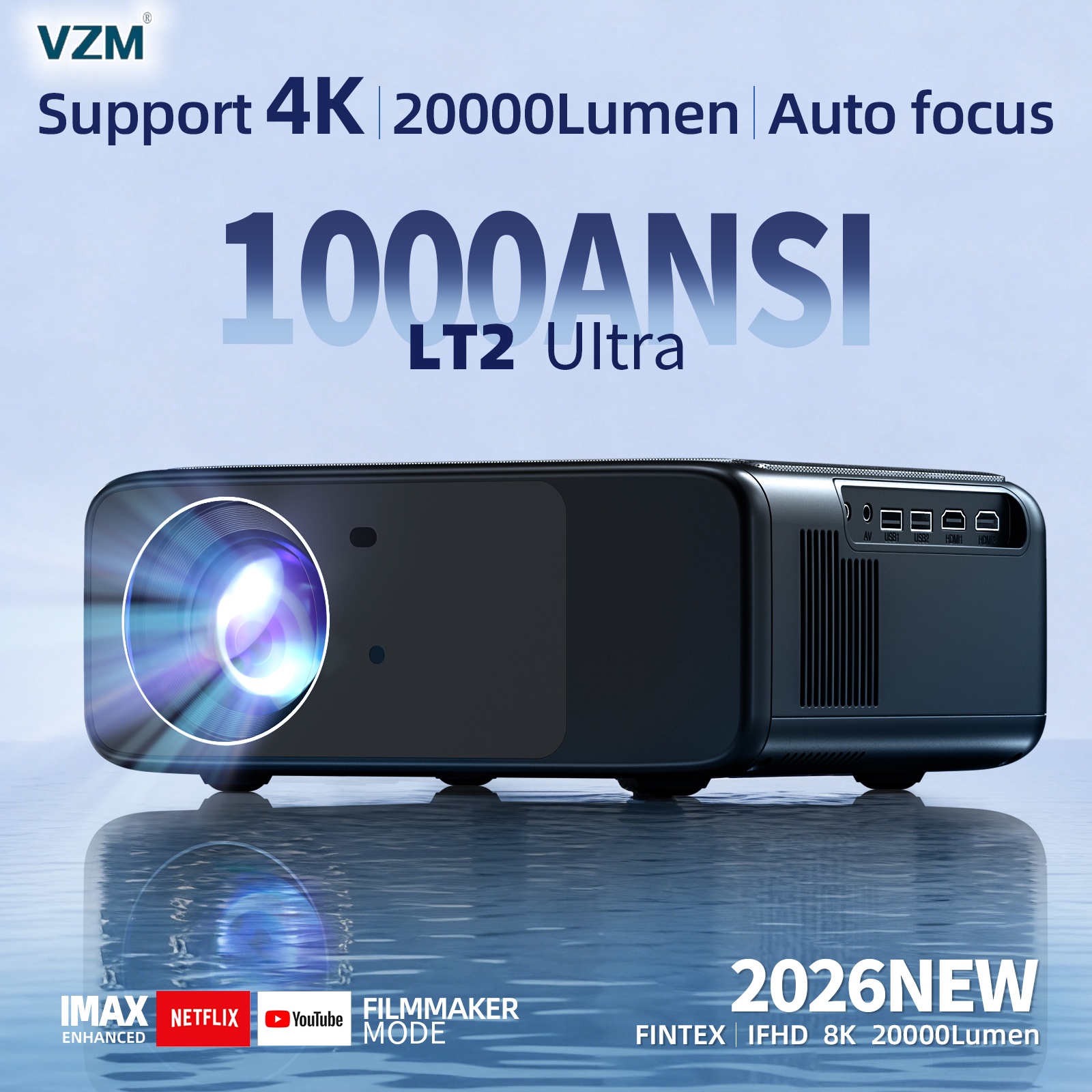 Vzm&Fintex Projector Lt2/Lt5 4K, Brightness 20000 Lumens, Android 9.0 System, Supports Google Play and Netflix, Has an Auto Focus Function. with Multiple Connection Ports, 3-Year Warranty. ราคา 7,399 บาท*ส่งฟรี