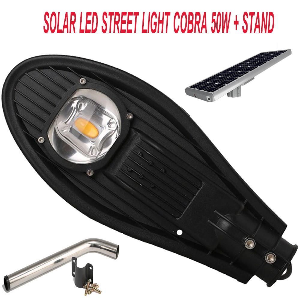 SOLAR LED STREET LIGHT COBRA 50W + STAND  โคมไฟถนนโซล่าร์เซลล์ กำลังไฟ 50 วัตต์ พร้อมขายึดแผงโซล่าร์และขายึดเสาไฟ