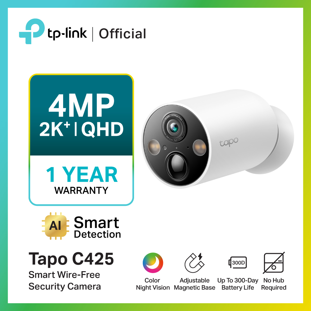 TP-Link Tapo C425 Smart Wire-Free Security Camera ใช้งานได้แบบไร้สาย 100% เคลื่อนย้ายง่ายๆด้วยฐานแม่เหล็ก และ Tapo C425 KIT กล้องวงจรปิดพร้อมแผงโซลาร์เซลล์ ไม่มีฐานแม่เหล็ก ให้ภาพ 4MP / QHD มุมมองภาพที่กว่าง 150° พร้อมแบตเตอรี่ขนาด 10000mAh ราคา 3,440 บาท*ส่งฟรี