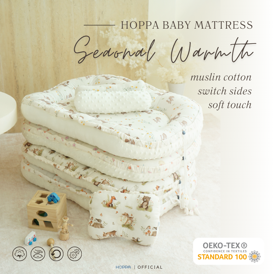Hoppa Baby Mattress, Baby Mattress with a Rolled Edge, Model Seaonal Warmth 2, Texture in One Piece, Muslin Cotton + Dot Mink. ราคา 290 บาท*ส่งฟรี