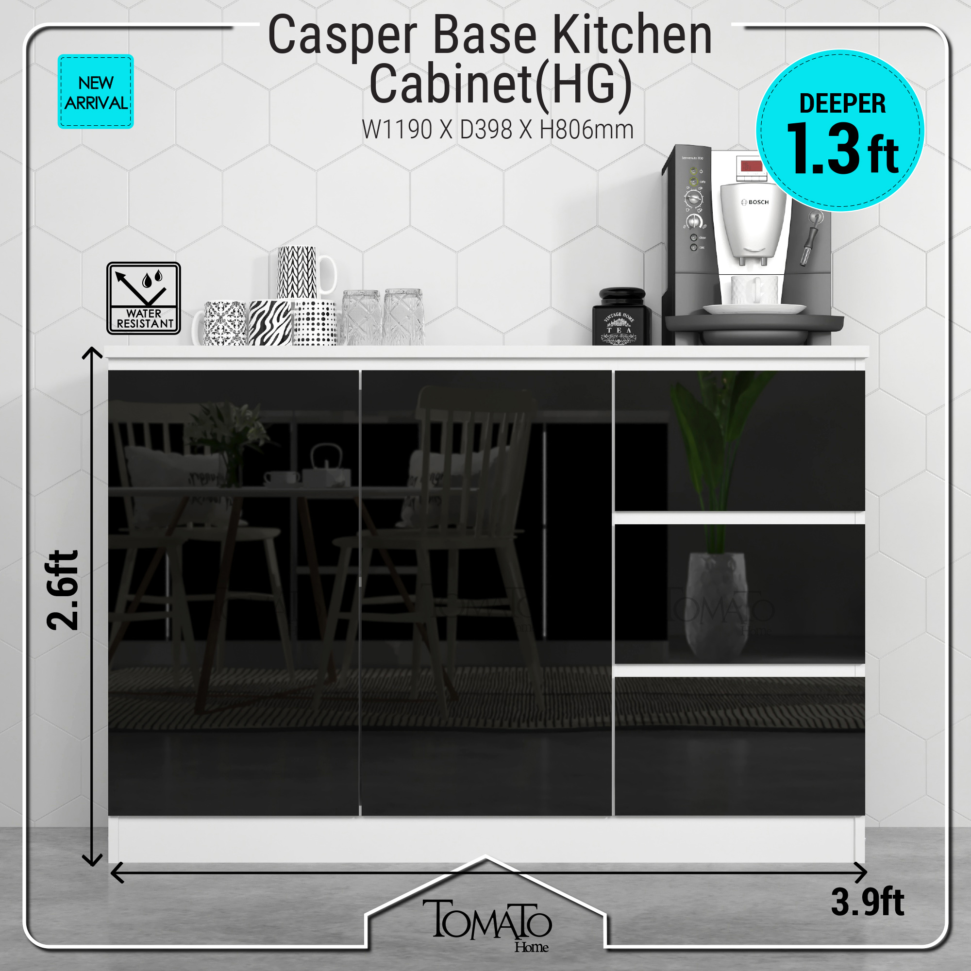 Tomato Home ตู้ห้องครัว Casper 2dr+3drw low kitchen cabinet, High gloss black fronts กว้าง120ซม | ตู้วางพื้นเก็บของในห้องครัว | มินิมอลดีไซน์ สวยดูดีเรียบง่าย ราคาประหยัด ราคา 2,380 บาท*ส่งฟรี
