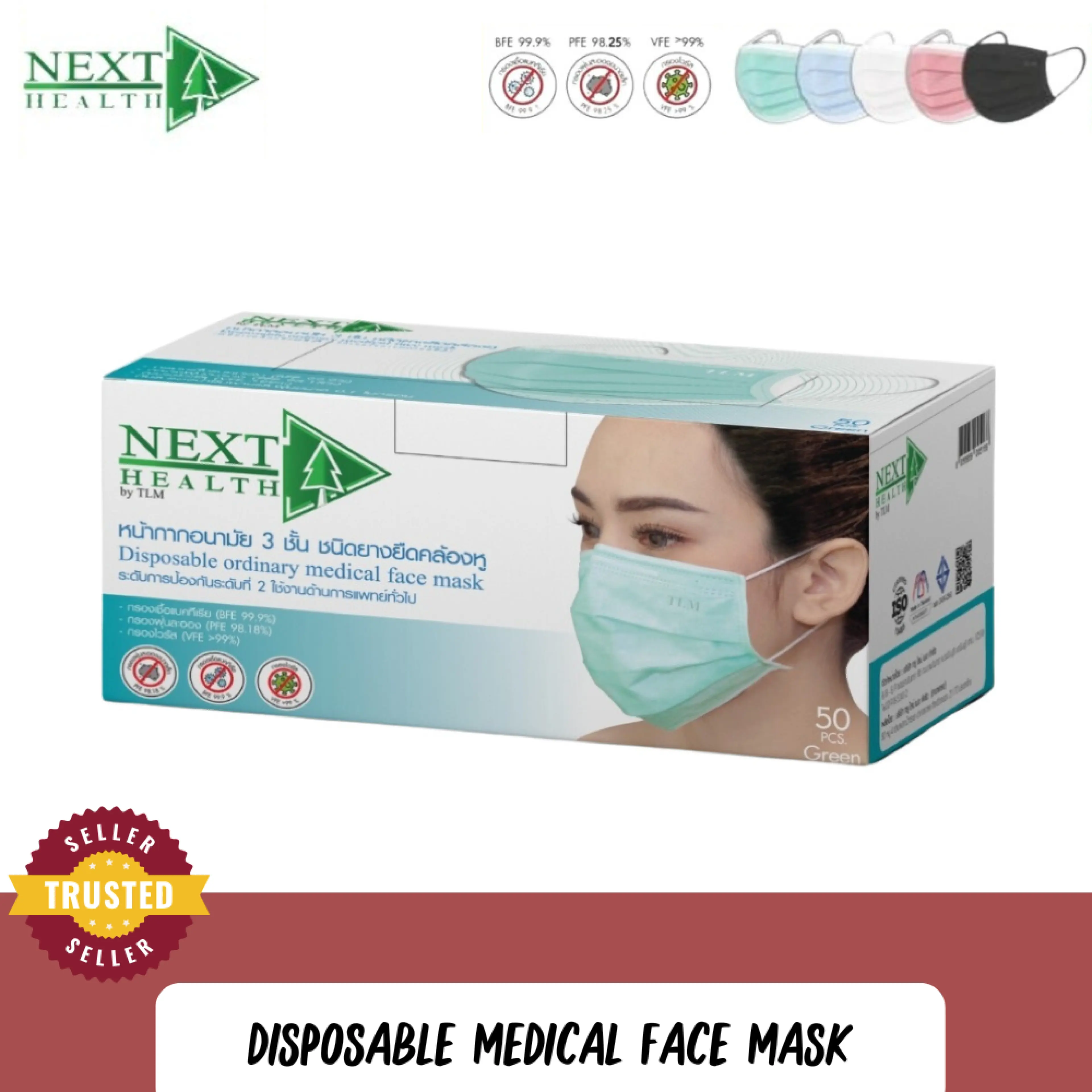 Medical Grade Face Masks, 3-Layer Nose Covering, Available in 5 Colors [50 Pieces/Box] Next Health Disposable Medical