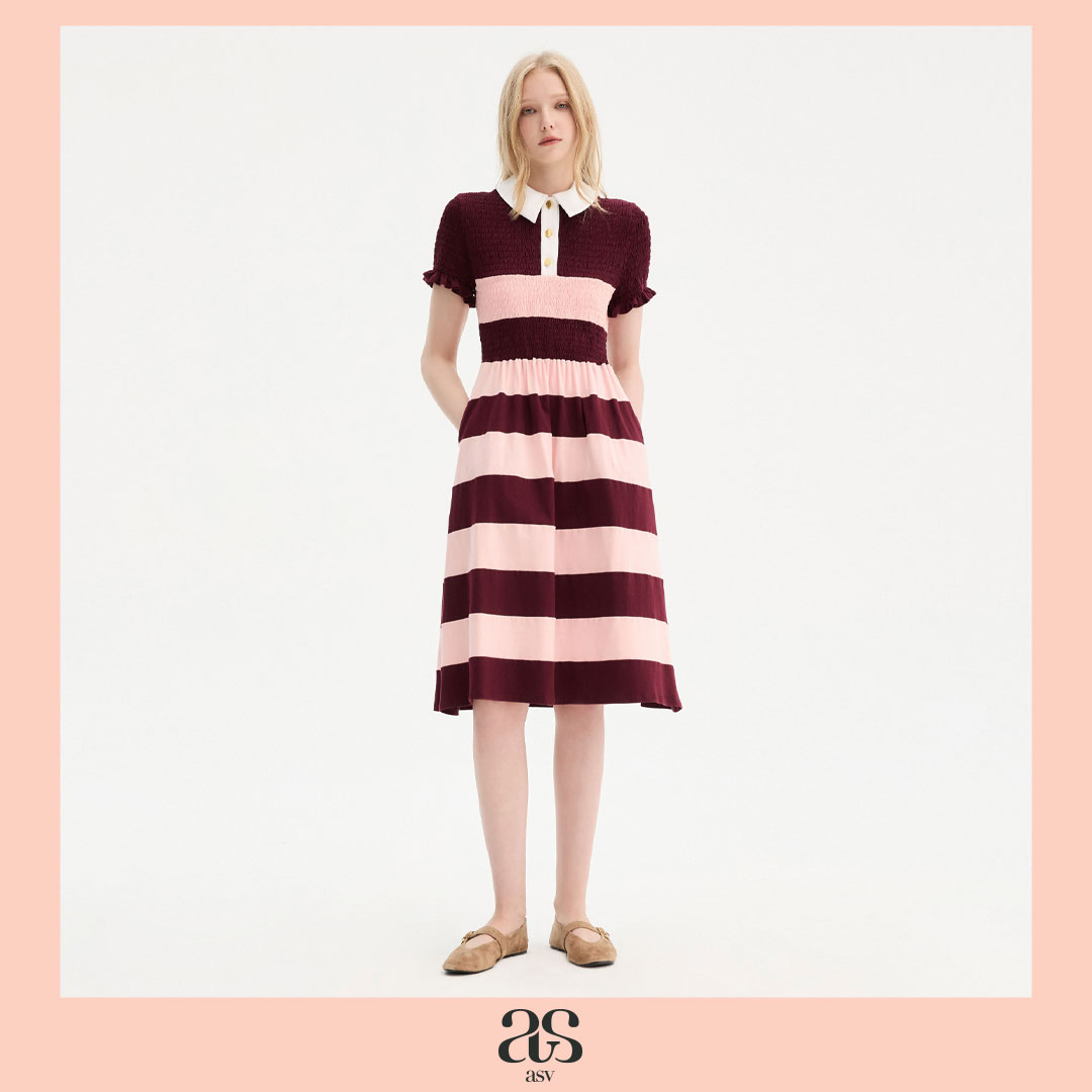 [Asv Ss26] Rosaline Stripe Dress, Women's Dress, A-Line Shape, Short Sleeves, Polo Collar, Smocked Detail at the Chest, Side Pockets, Stretch Fabric. ราคา 6,680 บาท*ส่งฟรี
