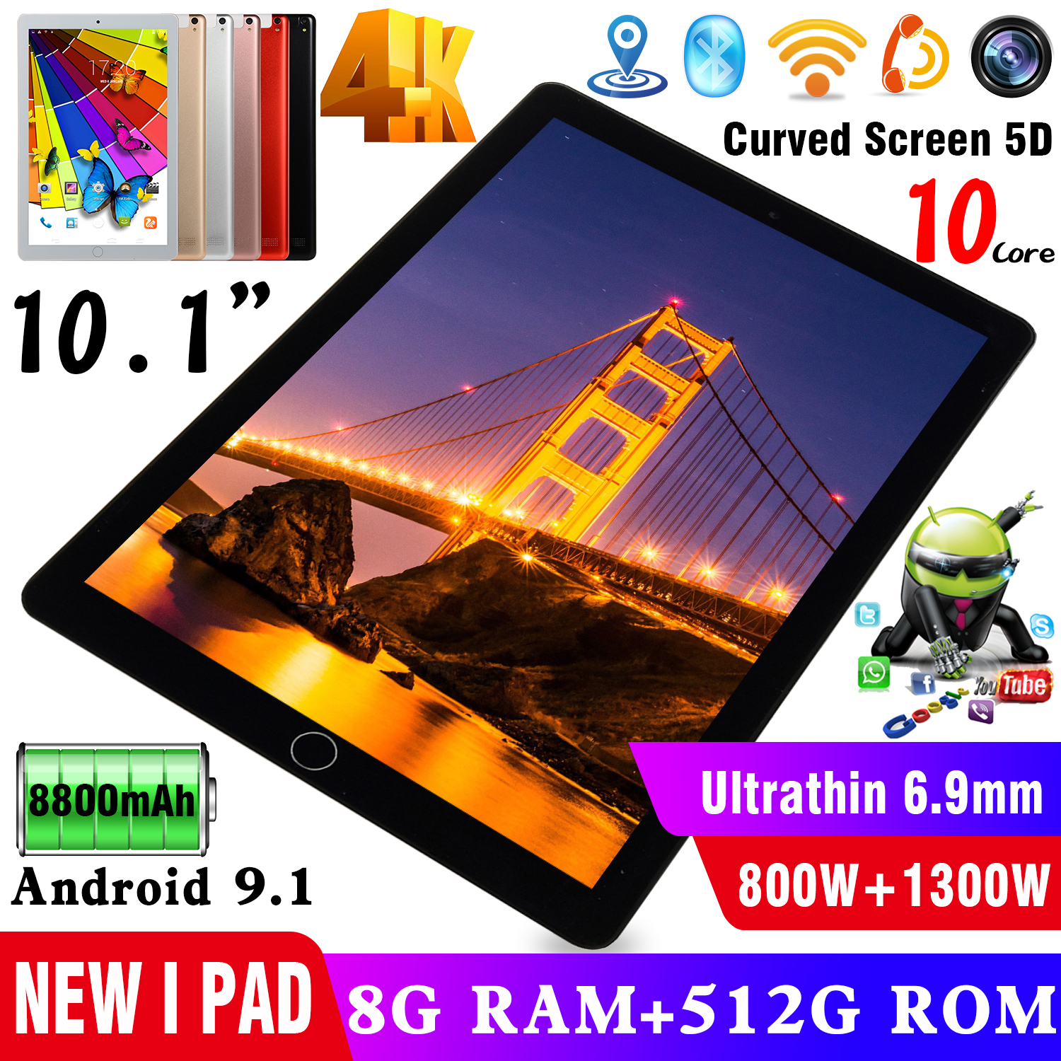 2020 10.1 Inch Tablet Android 9.1 PC 8GB+512GB Dual Sim Phone GPS WIFI Tablet