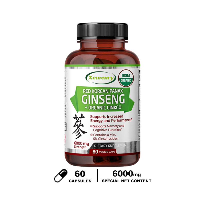 Organic Extra Strength Chiết xuất nhân sâm Hàn Quốc 20:1 6000 mg Strength 5% Ginsenosides 120 Caps V