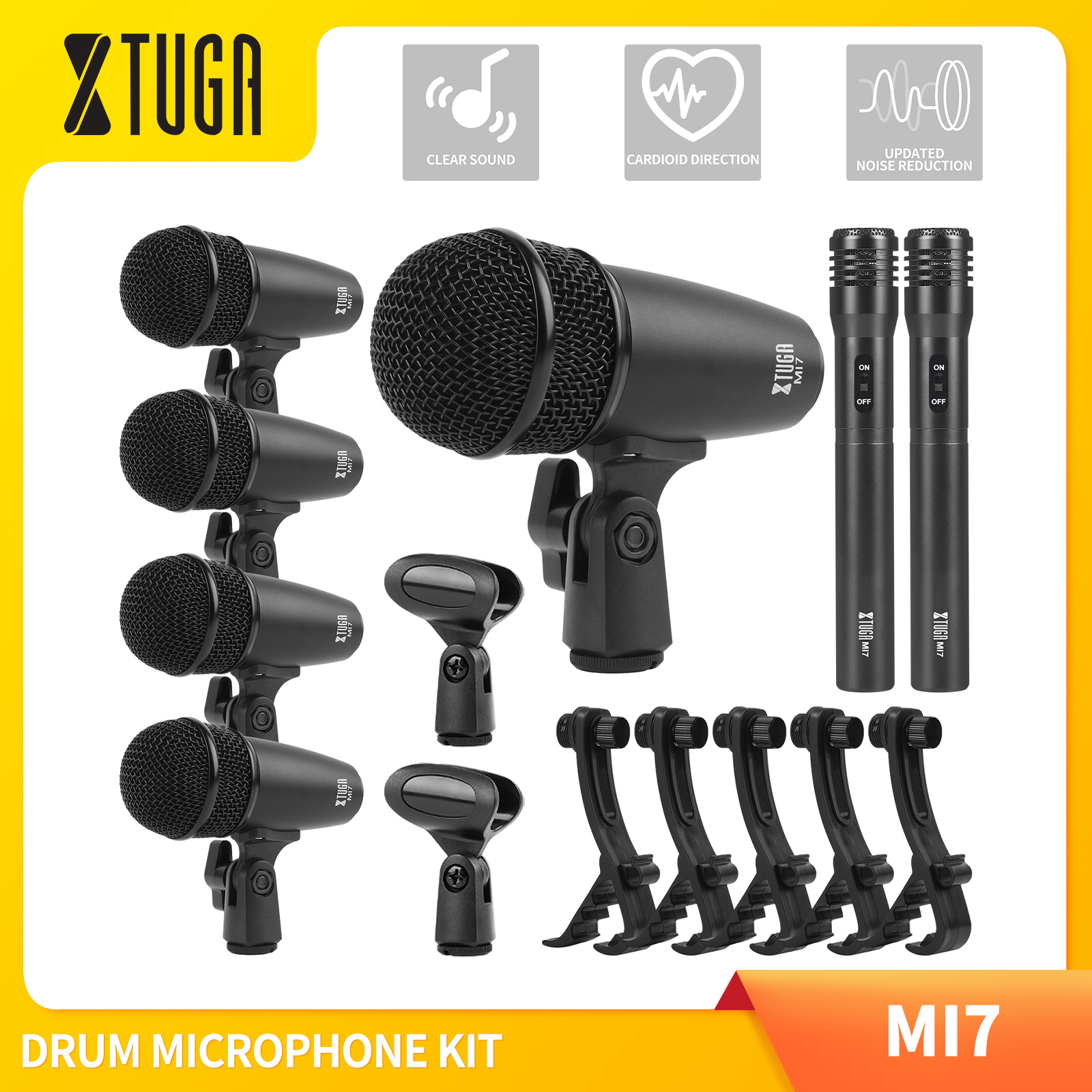 XTUGA MI7 ชุดไมโครโฟนดรัมไดนามิกแบบมีสาย 7 ชิ้น (โลหะทั้งหมด) - Kick Bass, ชุดไมโครโฟนทอม/สแนร์และฉาบ, ใช้สำหรับกลอง, ร้อง, เครื่องดนตรีอื่นๆ พร้อมคลีโอ, ที่เสียบ, ที่วางไมโครโฟน (แพ็คเกจกล่อง) ราคา 2,299 บาท*ส่งฟรี