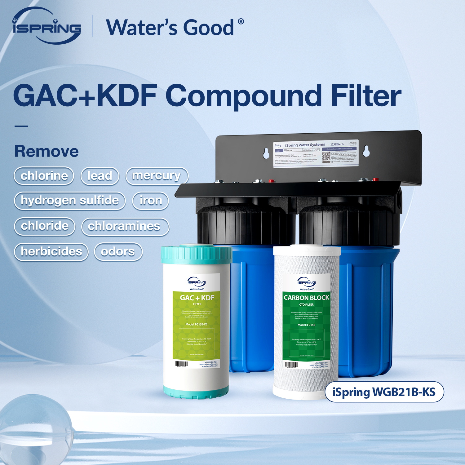 iSpring WGB21B-KS 2-Stage Whole House Water Filtration System Sediment CTO(Chlorine, Taste and Odor) Filter KDF+GAC filter Removes Chlorine Iron Lead Odor and More 1" Inlet/Outlet 10" x 4.5" ราคา 11,720 บาท*ส่งฟรี