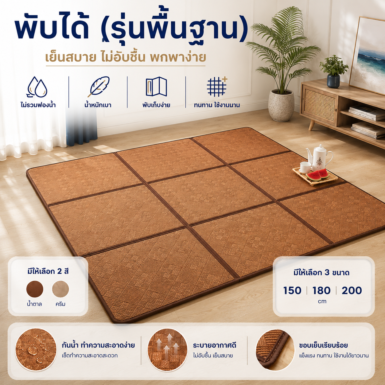 Bluewhite Carpet, Foldable Floor Carpet Natural Bamboo Mat, Bamboo Rug, Suitable for Summer, Bamboo Mat, Non-Slip Rug, Living Room, Balcony, Thick Sponge Style. Can Be Rolled up for Storage Cod ราคา 839 บาท*ส่งฟรี