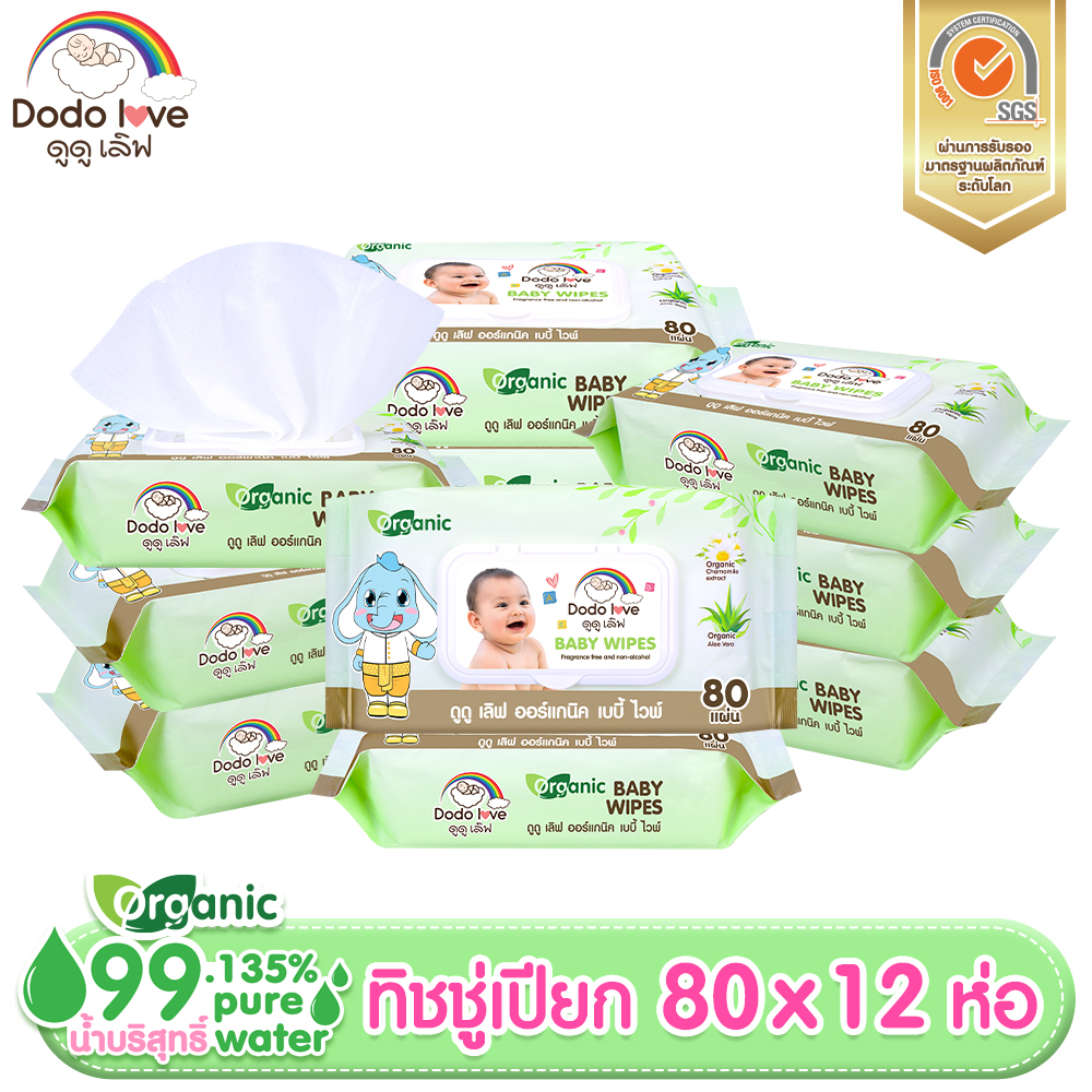 ยกลัง12 ห่อ 80 แผ่น DODOLOVE Organic Baby Wipes ผ้าเช็ดทำความสะอาดสำหรับเด็ก ดูดูเลิฟ ออร์แกนิค ทิชชู่เปียก