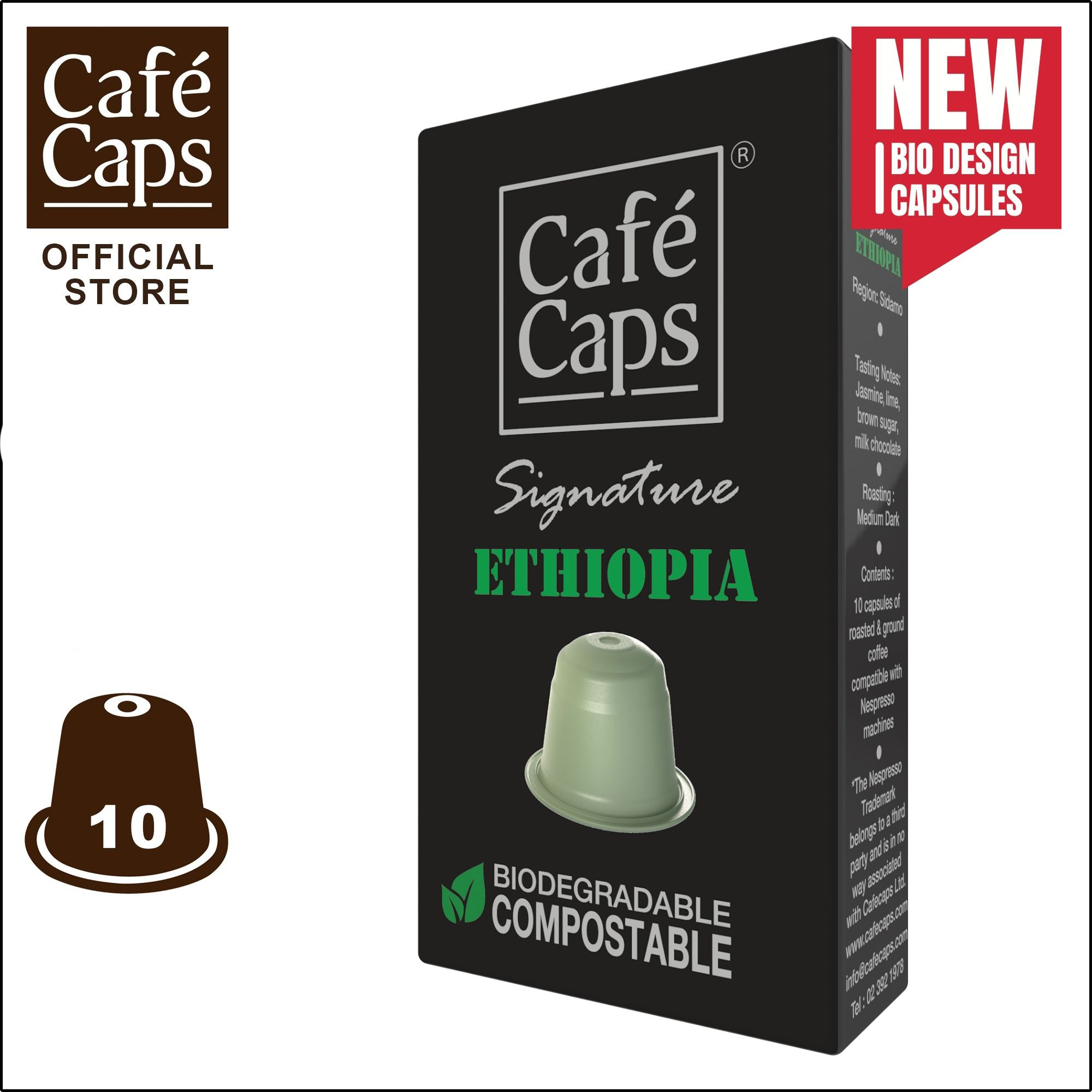 Cafecaps - Coffee Capsules Nespresso Compatible Signature Ethiopia (1 Box X10 capsules) - Medium Dark Roast Ethiopia has jasmine, lime, brown sugar and milk chocolate tasting notes ราคา 169 บาท*ส่งฟรี