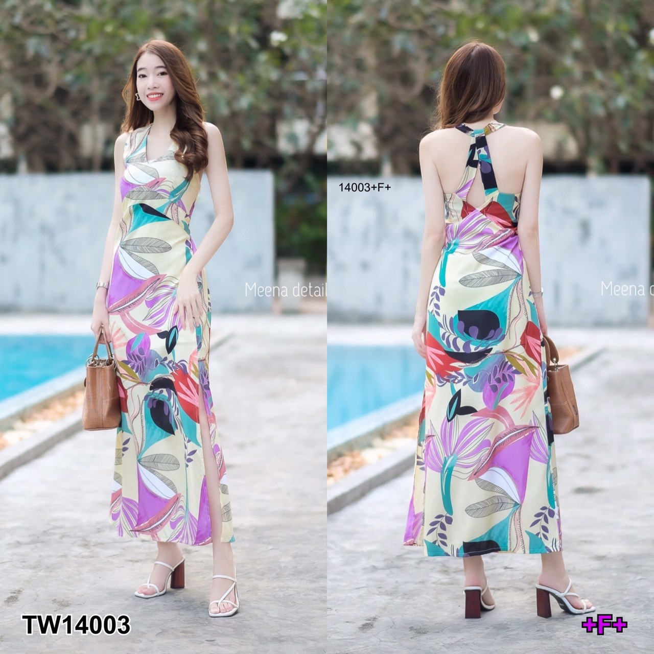 TW14003 เดรสยาวคล้องคอไขว้หลังลายดอก