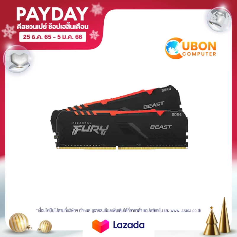 ภาพหน้าปกสินค้าRAM (แรมพีซี) 16GB (8GBx2) DDR4 3200 MHz KINGSTON FURY BEAST RGB KF432C16BBAK2/16 ประกัน LT จากร้าน Ubon Computer บน Lazada