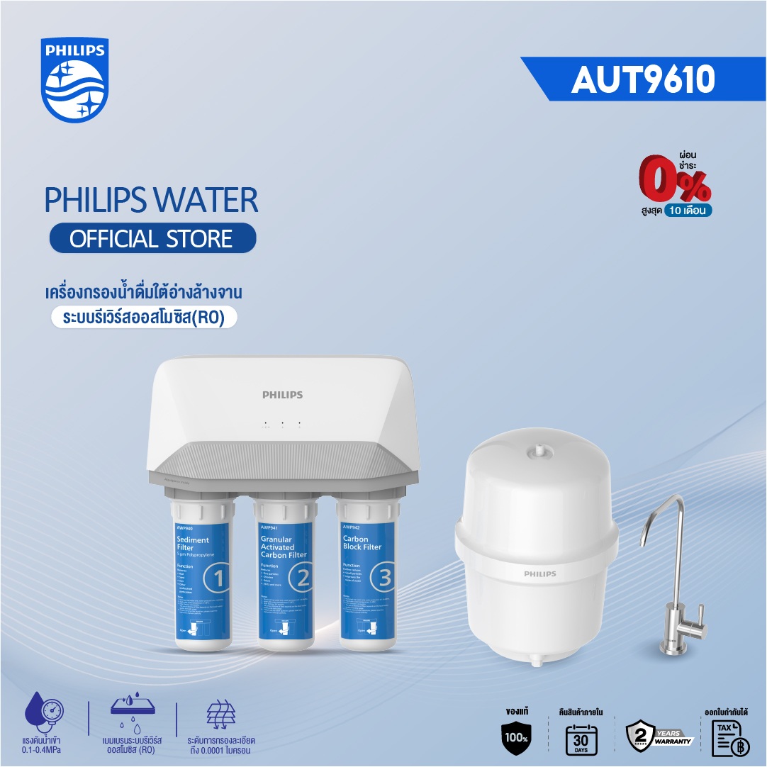 Philips water AUT9610 เครื่องกรองน้ำดื่ม 5 ขั้นตอน เมมเบรนระบบรีเวิร์สออสโมซิส (RO) เครื่องกรองน้ำใต้อ่างล้างจาน เครื่องกรองน้ำกรองในครัวเรือน Reverse Osmosis ติดตั้งง่าย ราคา 8,990 บาท*ส่งฟรี