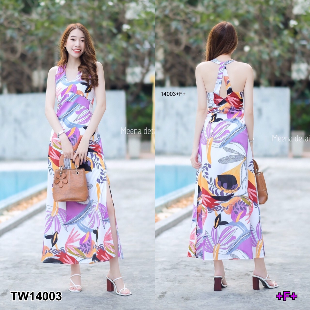 TW14003 เดรสยาวคล้องคอไขว้หลังลายดอก