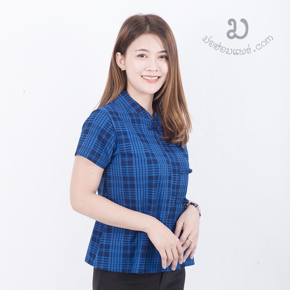 BM-12 เสื้อม่อฮ่อมหญิง คอจีน กัดลายสก็อต แขนตรง กระดุมป้าย