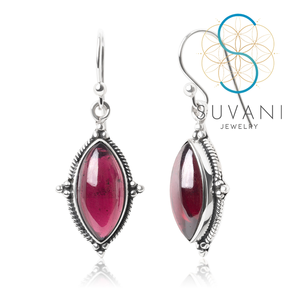 SUVANI Sterling Silver Red Garnet Gemstone Marquise Shaped Rope Edge Dangle Hook Earrings 1.5" ราคา 750 บาท*ส่งฟรี